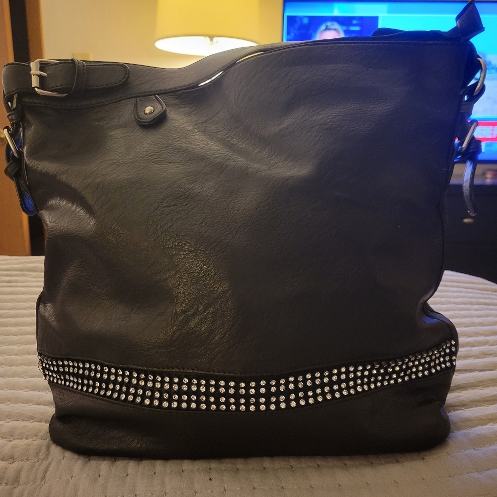 Black faux leather rhinestone studded handbag